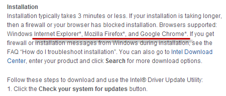 Intel Driver Update Utility Browser Note